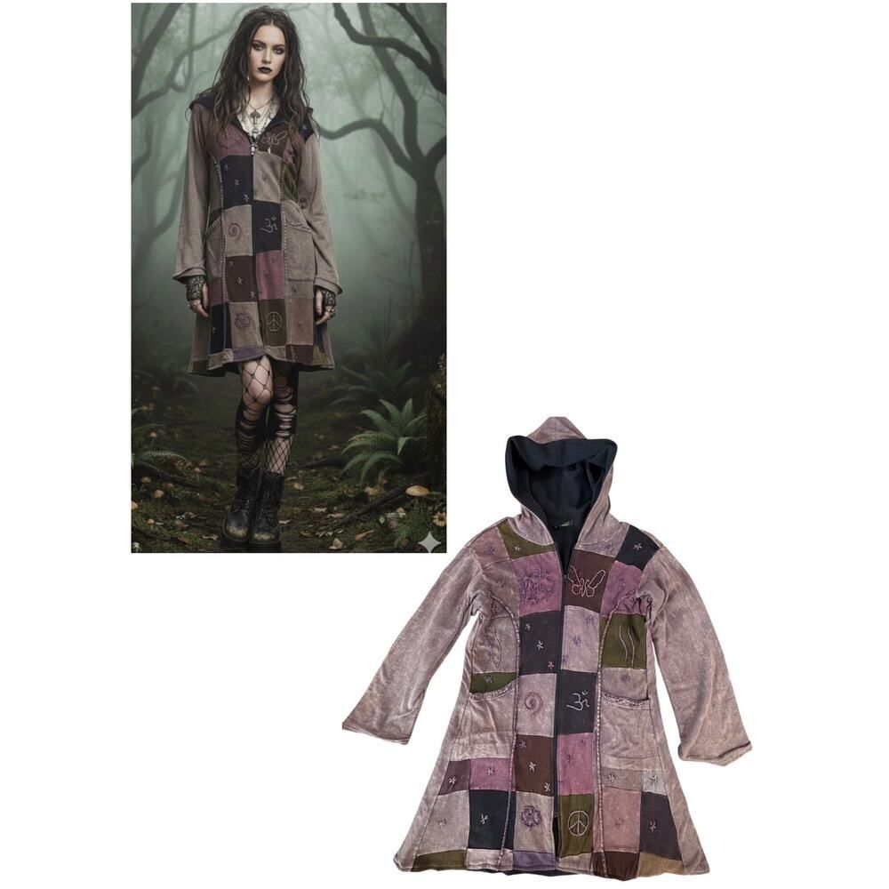 VTG Kathmandu Imports Boho Fairy Grunge Artsy Patchwork Zip Jacket Tunic Dress L